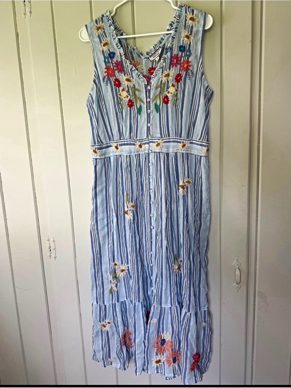 Johnny Was Workshop Floral Embroidered Striped Maxi Dress